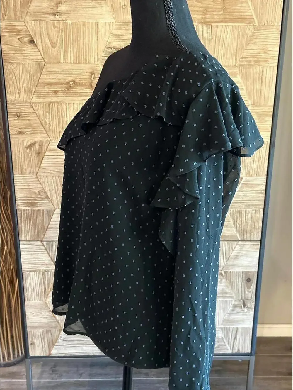 NWT Avec Les Filles Black Blue Polka Dot One Shoulder Ruffle Blouse Small Sheer